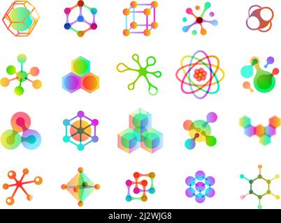 Verbundene Moleküle. Molekulare Zelle, Energiemoleküle Bunte Symbole. Verbinden Sie Elemente und Struktur der Wissenschaft Biologie oder Chemie, ordentlich Vektor-Set Stock Vektor