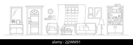 Gemütliches Wohnzimmer auf dem Flur mit Möbeln Linie Kunst Interieur Szene isoliert auf weißem Hintergrund. Stock Vektor