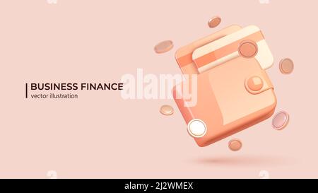 3D Render von rosa Brieftasche mit Karten und Münzen um ihn herum. Geldbörse mit Gelddollar-Banknote - realistische Vektordarstellung im Cartoon-Minimal-Stil. Online-Zahlungskonzept. Stock Vektor