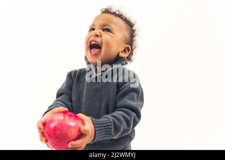 Kleiner afroamerikanischer gewellter Junge, der lachend aufblickte und einen großen roten Apfel im Studio hielt, mittlerer Nahaufnahme, weißer Hintergrund, Kopierraum. Hochwertige Fotos Stockfoto