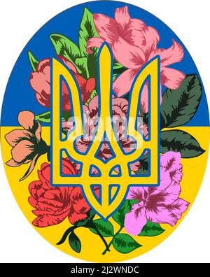 Ukrainisches nationales Emblem Dreizack tryzub in ukrainischen Flaggen Farben und blühenden Gartenblumen Stock Vektor