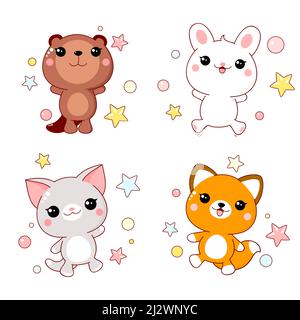 Set von niedlichen Tieren Baby - Fuchs, Katze, Hase, Biber. Kindliche Sammlung von Kawaii-Figuren. Vektorgrafik EPS8 Stock Vektor