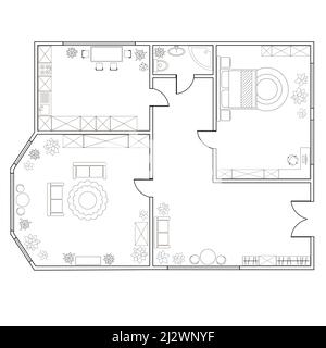 Abstrakter Plan von zwei-Zimmer-Wohnung, mit Küche, Bad, Schlafzimmer, Wohnzimmer. Vektorgrafik EPS8 Stock Vektor