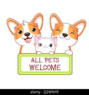 Kawaii zwei Corgi Welpen und Kitty mit tierfreundlichen Vektor-Label. Stempel oder Aufkleber mit haustierfreundlichem Text. Tierarztpraxis, Etikett, Aufkleber. Inscripti Stock Vektor
