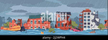 Beschädigte Stadtlandschaft. Globale Überschwemmungen, beschädigte Hausfassaden im Stadtbild, Naturkatastrophen, Illustrationen zu Wasserkatastrophen, Ruinen von Stadtbauten Stock Vektor