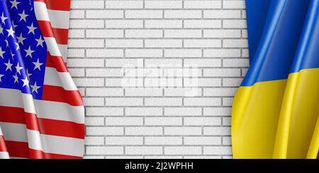 Ziegelmauermockup und Flaggen der Ukraine und der USA. 3D Rendern. Stockfoto