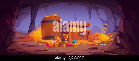 Schatzhöhle mit goldenen Münzen in Truhe und Holzfass, Kristallsteine, Krone, Schwert in Haufen Gold und Kelch mit kostbaren Steinen, alte Fantasie Stock Vektor