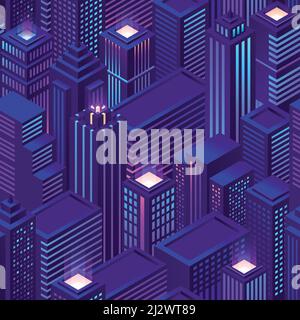 Nahtloses Muster einer isometrischen Stadt mit Wolkenkratzern und Bürogebäuden bei Nacht. Vektor lila Hintergrund mit Architektur von Geschäftshäusern und ein Stock Vektor