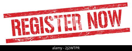 JETZT REGISTRIEREN Text auf rotem grungy Rechteck Stempelschild. Stockfoto
