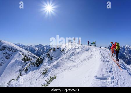 Mehrere Personen auf Skitour stehen auf dem Grat des Rauschbergs, Chiemgauer Alpen im Hintergrund, Rauschberg, Chiemgauer Alpen, Oberbayern, Bayern, Deutschland Stockfoto