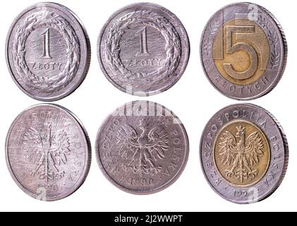 Die in Polen verwendeten Zahlungsmünzen werden in Nahaufnahme gezeigt. Isolierter Hintergrund. Stockfoto