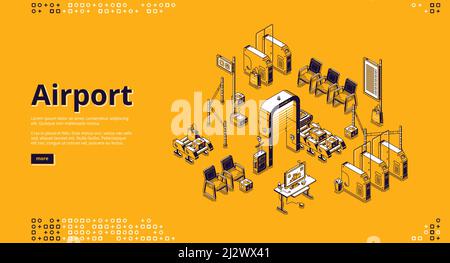 Flughafen isometrische Landing Page mit Passagier Wartebereich, Pass-Steuerung mit Förderband und Gepäckscanner, Gepäckdetektor, Drehkreuz, Sicherheit Stock Vektor