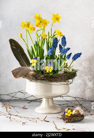 Schöne floristische Frühlingsgestaltung mit blauer Traubenhyazinthe, Narzissen und Viola-Blüten in der alten Vintage-Keramikvase. Hausgemachte Dekoration für Stockfoto