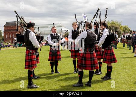 Dudelsack, World Pipe Band Championships, Glasgow Green, Glasgow, Schottland, Großbritannien Stockfoto