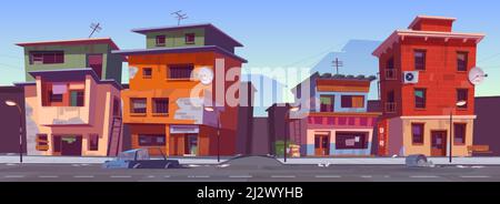 Schlechte schmutzige Häuser im Ghetto-Bereich. Vektor Cartoon Stadtbild mit Slum Gebäude, Hütten in billigen Nachbarschaft. Die Straße mit den alten Häusern, brach Stock Vektor
