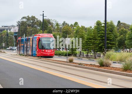 Die Newcastle Light Rail-Linie verläuft entlang der Scott und Hunter Street zwischen Newcastle Beach und dem schweren Zug- und Busverkehr in Whickham Stockfoto