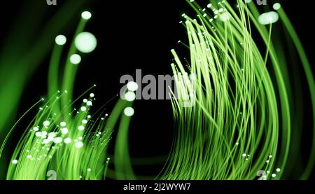 Lichtwellenleiter mit grünem Licht. KI-Technologie, Wissenschaft, Digital- und Kommunikationskonzept. 3D Rendern Stockfoto