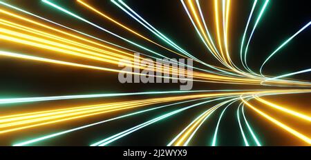 Dunkler Hintergrund mit bunten Linien, Kurvenverlauf von Geschwindigkeitslichtern, futuristisch-flotten Grafikelementen. 3D Rendern Stockfoto