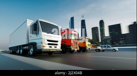 Kommerzielle Lieferfahrzeuge in einer Reihe auf der Straße. Schnelle Lieferung, Fracht Logistik und Fracht Versand Konzept. 3D Rendern. Stockfoto