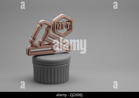 Schöne abstrakte Illustrationen NFT Auktion Symbol-Symbole auf einem Säulenständer und wunderbaren Hintergrund. 3D Rendering-Illustration. Hintergrundmuster für Stockfoto