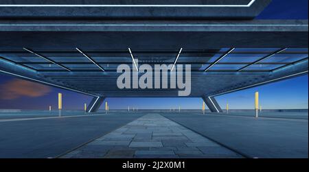 Perspektivischer Blick auf den leeren Betonboden unter dem modernen Dachgebäude. 3D Rendern Stockfoto