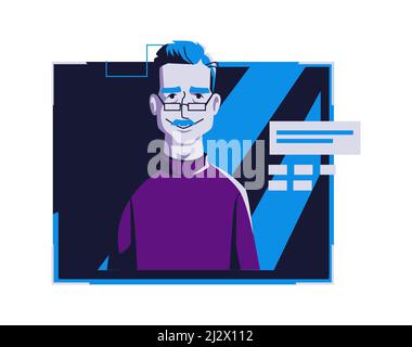 Moderne Menschen Avatar in lässiger Kleidung, Vektor-Cartoon-Illustration. Mann mit individuellem Gesicht und Haar, im hellen digitalen Rahmen auf dunkelblauem Computer b Stock Vektor