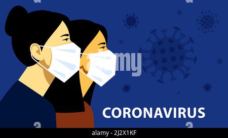 Coronavirus in der Welt. Zwei Frauen in weißer medizinischer Gesichtsmaske. Weibliche Porträts und Viren in der Luft. Konzept von Coronavirus, Quarantäne, Sperrung. Stock Vektor