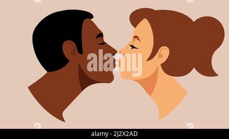 Küssendes Paar. Schöne Multi-Ethnie Menschen küssen sich mit geschlossenen Augen. Junger Mann und hübsche Frau, die Liebe, Zärtlichkeit, Affectio ausdrücken Stock Vektor