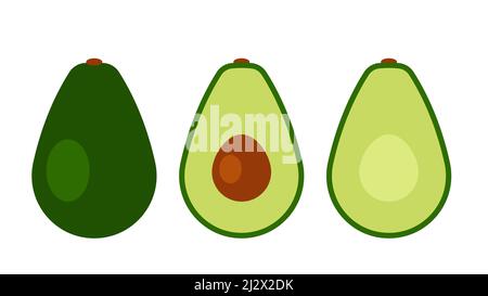 Avocado-Set. Ganze Avocado, halbiert und entkernt. Flacher Stil Kochen Illustration.Green und gesundes Gemüse. Moderne Vektorgrafik. Stock Vektor
