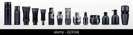 Schwarze Kosmetikflaschen, Gläser und Röhrchen für Creme, Spray, Lotion und Beauty-Produkte. Vector realistische Nachbau von Glas und Kunststoff-Paket für CO Stock Vektor