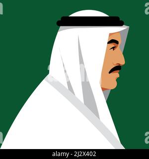Erwachsener arabischer Geschäftsmann in traditioneller Kleidung der Vereinigten Arabischen Emirate. Älterer Mann mit Bart. Männliches Porträt, Seitenansicht, Kopf, Schultern. Einwohner Des Nahen Ostens. Modern Stock Vektor