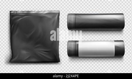 Schwarze Plastiktüte für Müll, Müll und Müll. Vector realistische Mockup von Polyethylen-Müllbeutel mit Schnur. Rolle von Säcken für Abfall isoliert auf t Stock Vektor