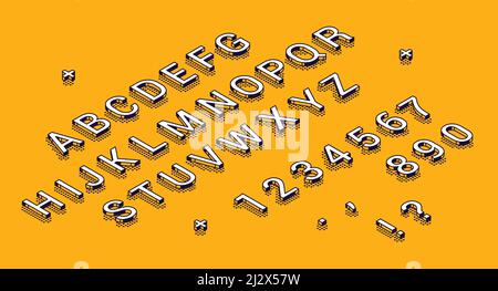Isometrisches Alphabet, Zahlen und Satzzeichen liegen in Reihe auf gelbem Hintergrund. ABC Großbuchstaben und Ziffern Typografie 3d Elemente, Zeichen, s Stock Vektor
