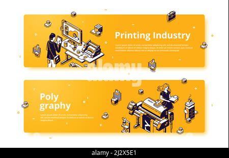 Polygrafie, Druckerei Industrie isometrischen Web-Banner. Designer arbeiten mit Druckern und Computersoftware, Druckmaschinen und Verbrauchsmaterialien Stock Vektor