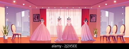 Bridal Shop Interieur mit Hochzeitskleider auf Schaufensterpuppen und großen Spiegeln mit Beleuchtung. Leere Boutique zum Verkauf Brautkleider, Showroom mit Mode Stock Vektor