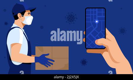Kontaktlose Lieferung. Anlieferer oder Kurier in einer medizinischen Maske und Handschuhen, die Box liefern. Online-Käufe während einer Quarantäne. Stock Vektor