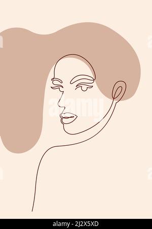 Linienkunstposter mit Frau. Weibliches Gesicht mit Haaren, Schulter eine Linie Zeichnung. Zeitgenössische handgezeichnete abstrakte Linienkunst-Illustration. Stock Vektor