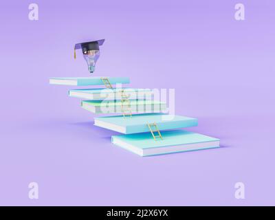 3D Illustration eines Bücherstapels mit kleinen Leitern und Glühbirne im Graduierungshut auf violettem Hintergrund Stockfoto