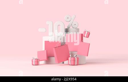 Online-Shopping-Rabatt-Banner mit Papiertüten und Geschenken. 3D Rendering Stockfoto