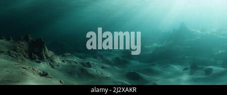 Zerklüftete Landschaft Gelände Unterwasser Dunkle Szene. Stockfoto