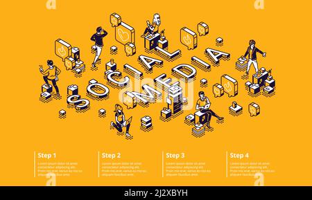 Social Media isometrische Infografik Konzept mit winzigen Zeichen mit Gadgets, arbeiten am Computer, kommunizieren und chatten in Internet-Netzwerken arou Stock Vektor