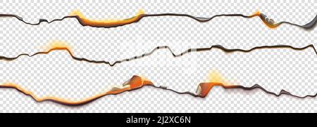 Brennen Sie Papierränder, verbrannte Seite mit schwelenden Feuer auf verkohlten unebenen Kanten, Pergamentblätter in Flammen. Verbrannter, gerissener oder gerissener Rahmen isoliert auf Trans Stock Vektor