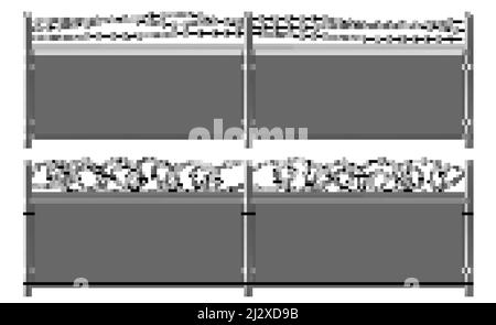 Gitterzaun mit Stacheldraht. Zwei Segmente Maschendrabitz mit Rhombus-Zelle, Metall Perimeter Schutz Barriere Konstruktion mit Stahlstangen auf getrennt Stock Vektor