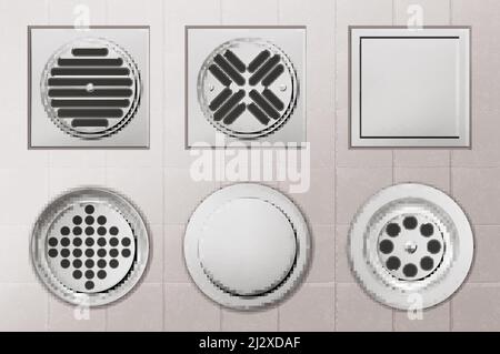 Dusche Entwässerungslöcher mit Edelstahl-Abdeckungen auf weiß gefliesten Boden Hintergrund, Abwasserkanäle von runden und quadratischen Form für WC, Bad oder Waschbecken Stock Vektor