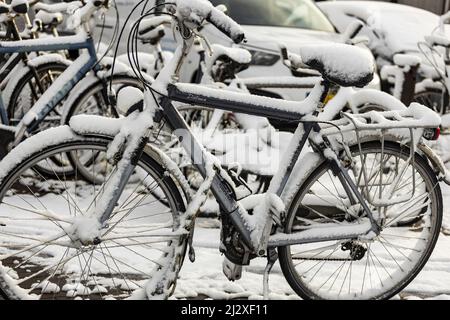 Nahaufnahme eines dicken Schnees auf einem niederländischen Stadtfahrrad nach einem Schneesturm in den Niederlanden. Stockfoto
