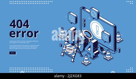 404 Fehler isometrische Landung Banner, Website-Wartung, Seite nicht gefunden Konzept mit Verkehr Kegel und Zeichen im Aufbau. Verlorene Internet-Verbindung Stock Vektor