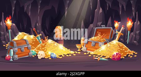 Höhle mit Schatz, Haufen von Goldmünzen, Schmuck und Edelstein. Vektor-Cartoon-Illustration der Schatzkammer in Bergwerk mit Holzkiste voller Reichtümer, Schwerter Stock Vektor