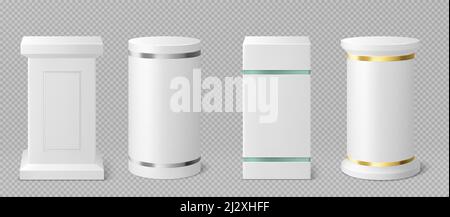 Weiße Podeste oder Podeste mit Gold-, Glas- und Silberdekor. Abstrakte leere Museumsbühnen, Ausstellungsstücke. Galerieplattform, rund und quadratisch blank Stock Vektor