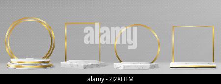 Marmorpodeste oder Podien mit goldenen Rahmen und Dekor, runde und quadratische Ränder auf geometrischen leeren Bühnen, Steinaussteller für Produktpräsentationen Stock Vektor