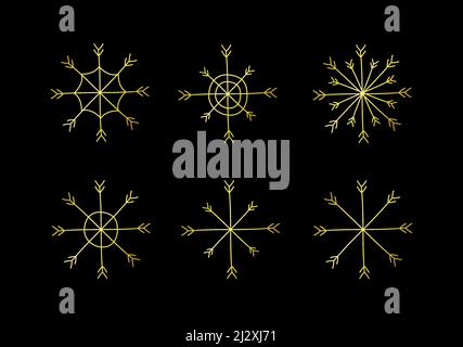 Vektor Hand gezeichnete Doodle Set Bundle von Gold Glitter Schneeflocken auf schwarzem Hintergrund isoliert Stock Vektor
